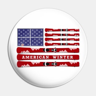 American Winter - skis and snowflakes USA flag - white background Pin