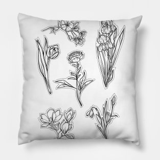 Black and white Spring Flowers set, Art Nouveau flower pattern, nature, Tulip, Iris, Cherry Blosom, Primrose, Pastel, Watercolor style Pillow