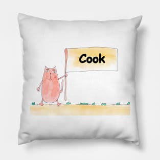 Cook. Profession, work, job. Cat shows a banner with the inscription. Watercolor illustration. A gift for a professional. Pillow