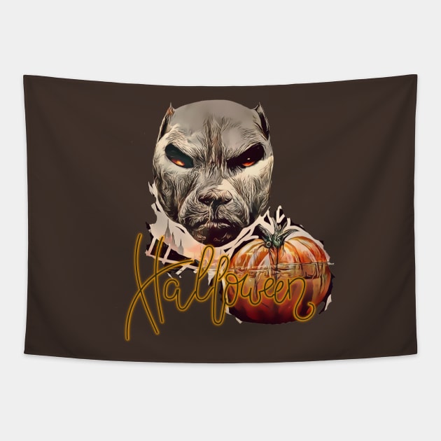 pitbull dog halloween Tapestry by Greenmillion