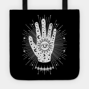 Palmistry Palm with All Seeing Eye, Sun, Moon and Stars in White Tote