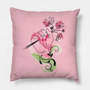 Female hand hold flowers Pillow