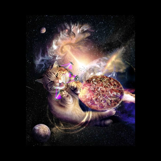 Galaxy Space Cat Reaching Pizza With Laser by Random Galaxy