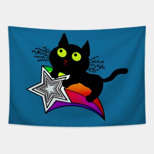 Lucky Black Cat riding a Shooting Star Tapestry