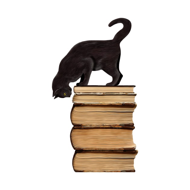 Curious Black Cat on Old Books for Literary Cat Lovers by SirLeeTees