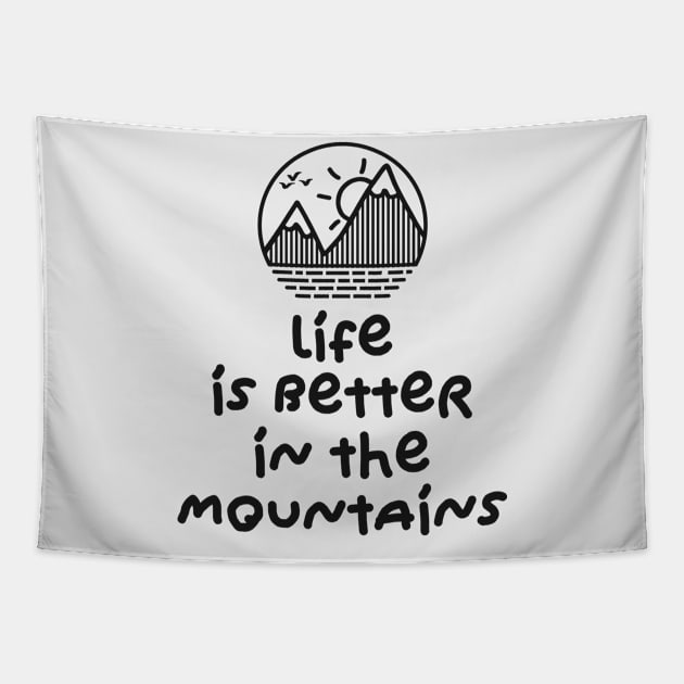 LIFE IS BETTER IN THE MOUNTAINS Minimalist Mountain Sunset Cirle Design With Birds Flying Over Tapestry by Musa Wander