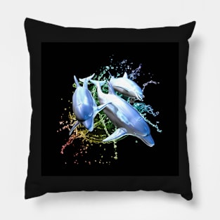 Thee dolphins set against a graphic water splash. Pillow