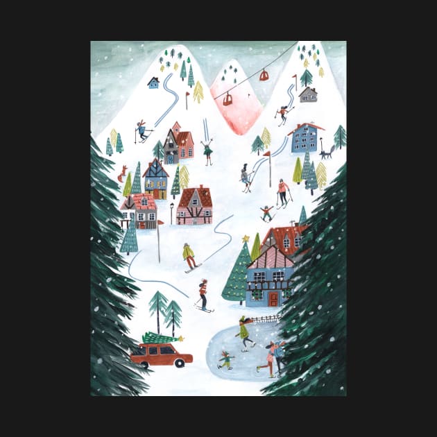 Ski Lodge cosy chalet skating snow village mountains by CarolineBMuller