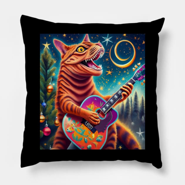 Christmas tree cat dinosaur playing guitar Pillow by Catbrat