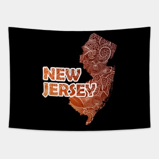 Colorful mandala art map of New Jersey with text in brown and orange Tapestry