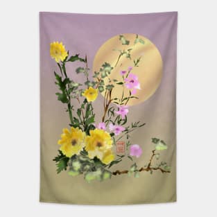 yellow watercolor sumiE flowers with a big sun Tapestry