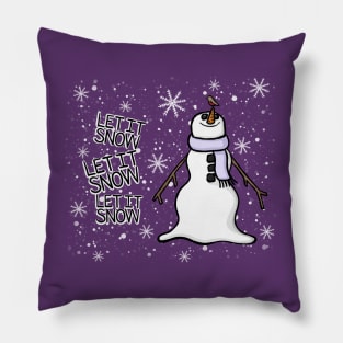 Snowman with a Robin on its Carrot Nose, Let it snow Digital Illustration Pillow