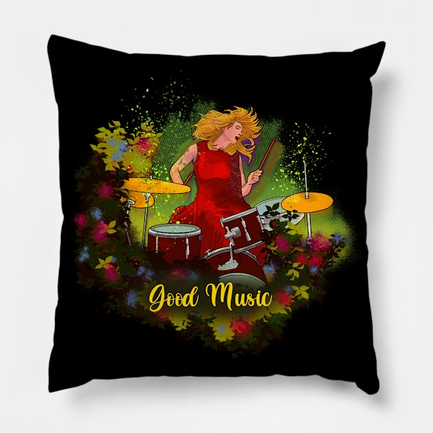 Woman playing drums. Good music Pillow by Artarulle