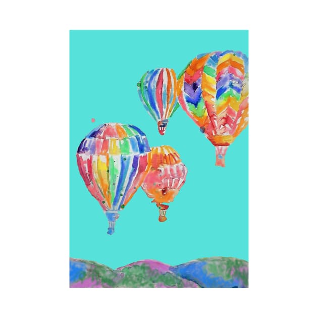 Hot Air Balloon Watercolor Painting on Aqua Turquoise Balloons by SarahRajkotwala