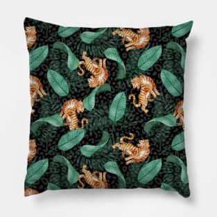 Moody Jungle Tigers an Birds of Paradise Leaves in Watercolor Pillow