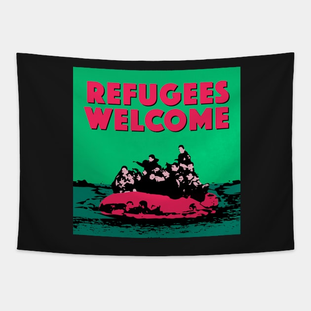 REFUGEES WELCOME (ALT. COLOURS) - ILLUSTRATION SHOWING REFUGEES ON A SMALL BOAT Tapestry by CliffordHayes