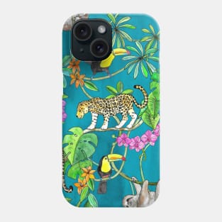 Rainforest Friends - watercolor animals on textured teal Phone Case