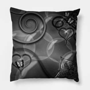 Hearts Twinkling, Vines Creeping, Butterflies Flying, Bubbles Floating , Flowers & Leaves in a Fantasy World of Black & White Pillow