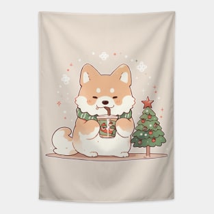 Dog enjoying Christmas to the fullest Tapestry