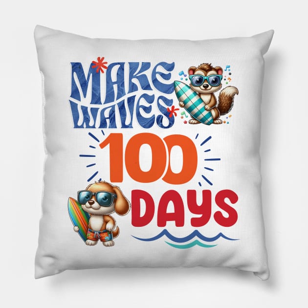 Make Waves 100 Days Surfer Animals 100th Day of School Pillow by BasicallyBeachy