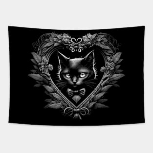 Adorable Black Kitten With Bow In Ornate Gothic Heart Frame Tapestry