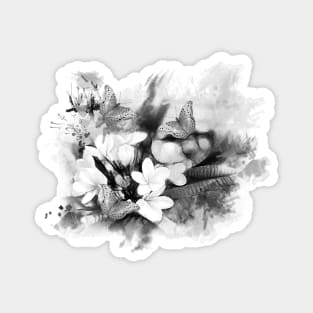 butterflies and Frangipani in black and white Magnet