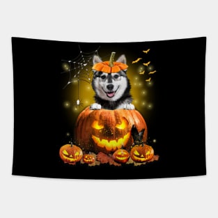 Husky Spooky Halloween Pumpkin Dog Head Tapestry