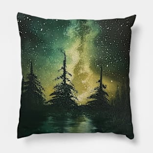 Yellow Green Galaxy Forest Silhouette Pillow