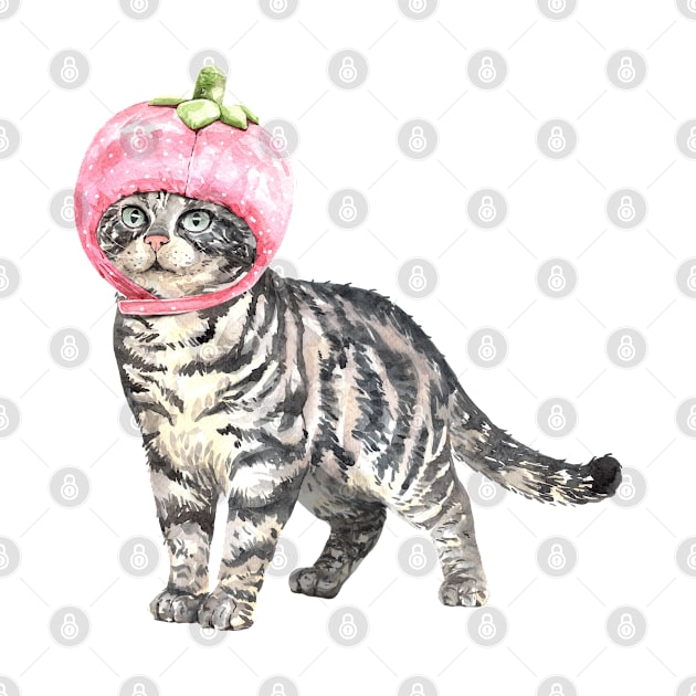 Funny Watercolor American Shorthair Cat Wearing Strawberry Helmet by labatchino