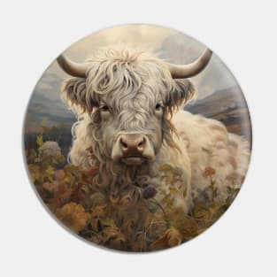 Highland Cattle Wildflowers Retro Art | Vintage-Inspired Landscape with Scottish Cows Pin