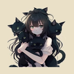 Anime Girl Hugging Many Black Cats T-Shirt