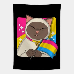 Cute Siamese Cat Holding Pansexual Pride Flag Tapestry