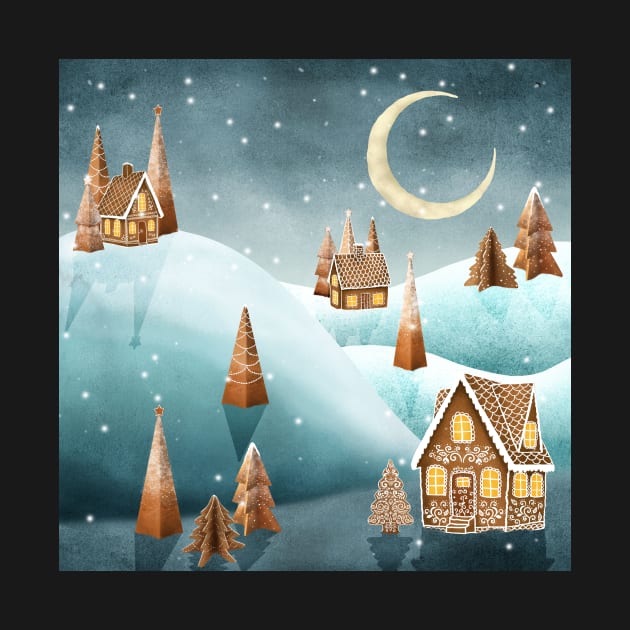 Gingerbread houses and trees on snow landscape. Winter candy world watercolor illustration. Sweets world fantasy decorations by likapix