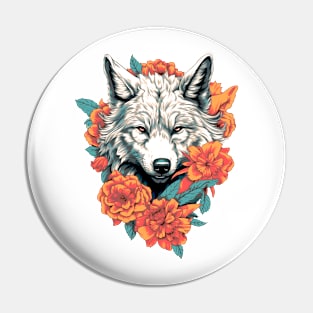 Wolf with flowers Pin