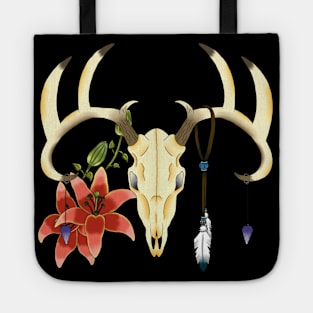 Deer Skull with red lilies Tote