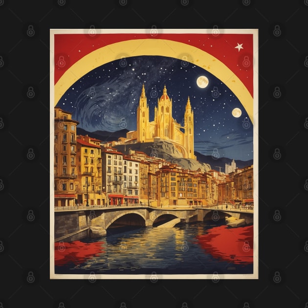 Bilbao Starry Night Spain Travel Tourism Retro Vintage Art by TravelersGems