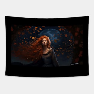 Druid Girl in a fall full moon Tapestry