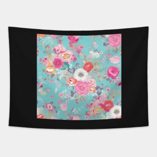 Pink and Blue Shabby Chic  Floral Flowers, Pretty Feminine Pattern on Blue Background Tapestry