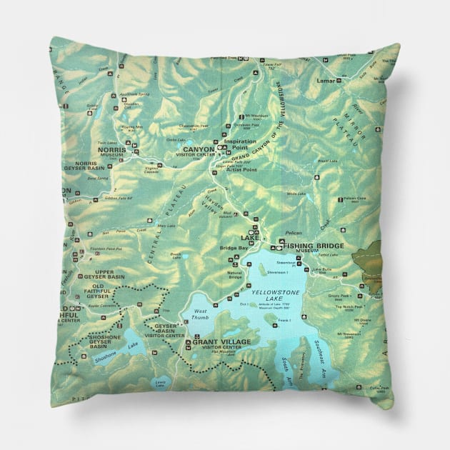 Old Yellowstone National Park Map (1972) Vintage Wyoming Natural Reserve Atlas Pillow by Bravuramedia