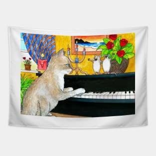 Funny Cat playing piano Cat 506 Tapestry