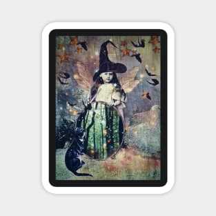 The Little Witch cat, magic stars, vintage mirror Magnet