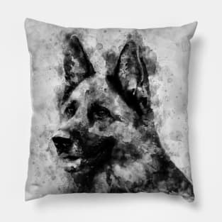 German Shepherd Dog Black and White Watercolor 04 Pillow