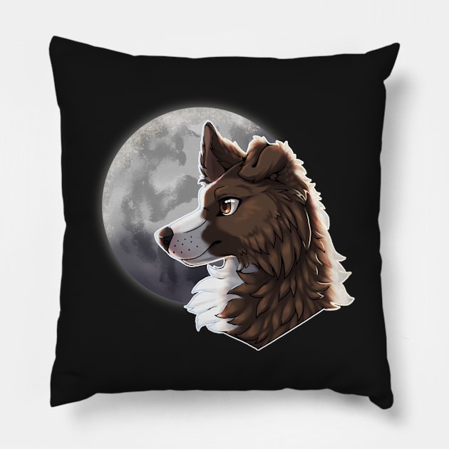 Brown Border Collie with Night Sky Full Moon Pillow by Bamsdrawz