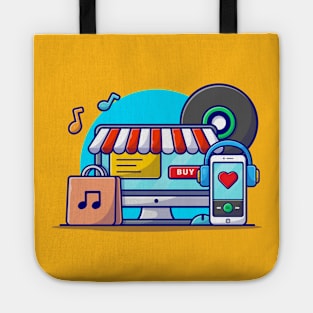 Online Music Store Music Shop with Vinyl, Smartphone and Headphone Music Cartoon Vector Icon Illustration Tote