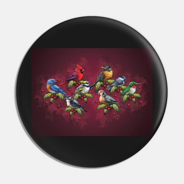 Christmas Holiday Birds Red Pin by CassWArt