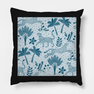 cheetahs and parrots in the jungle | blue monochrome | repeat pattern Pillow