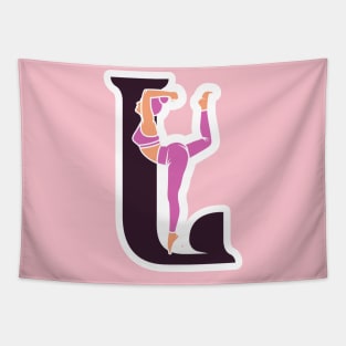 Sports yoga women in letter L Sticker design vector illustration. Alphabet letter icon concept. Sports young women doing yoga exercises with letter L sticker design logo icons. Tapestry