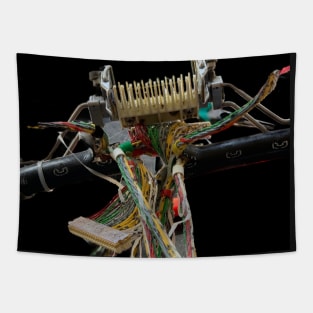 Macro view display of  professional splicing of colorful fiber optic Internet cables on black background Tapestry