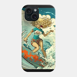 Extreme woman catching a wave on her surf board. Phone Case