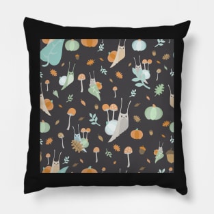 Cottagecore Pumpkin Snails Pattern Dark Pillow